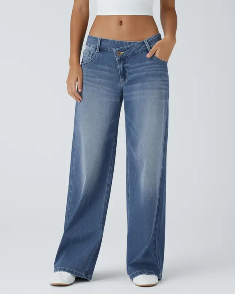 Asymmetrical Low-Waist Wide-Leg Jeans