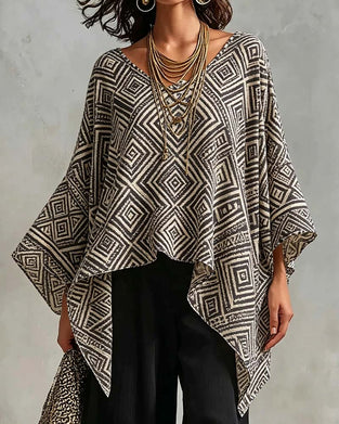 Diamond Pattern Irregular Casual Blouse