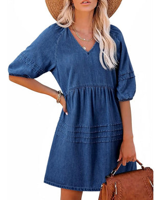 Denim V-Neck Puff Sleeve Dresses