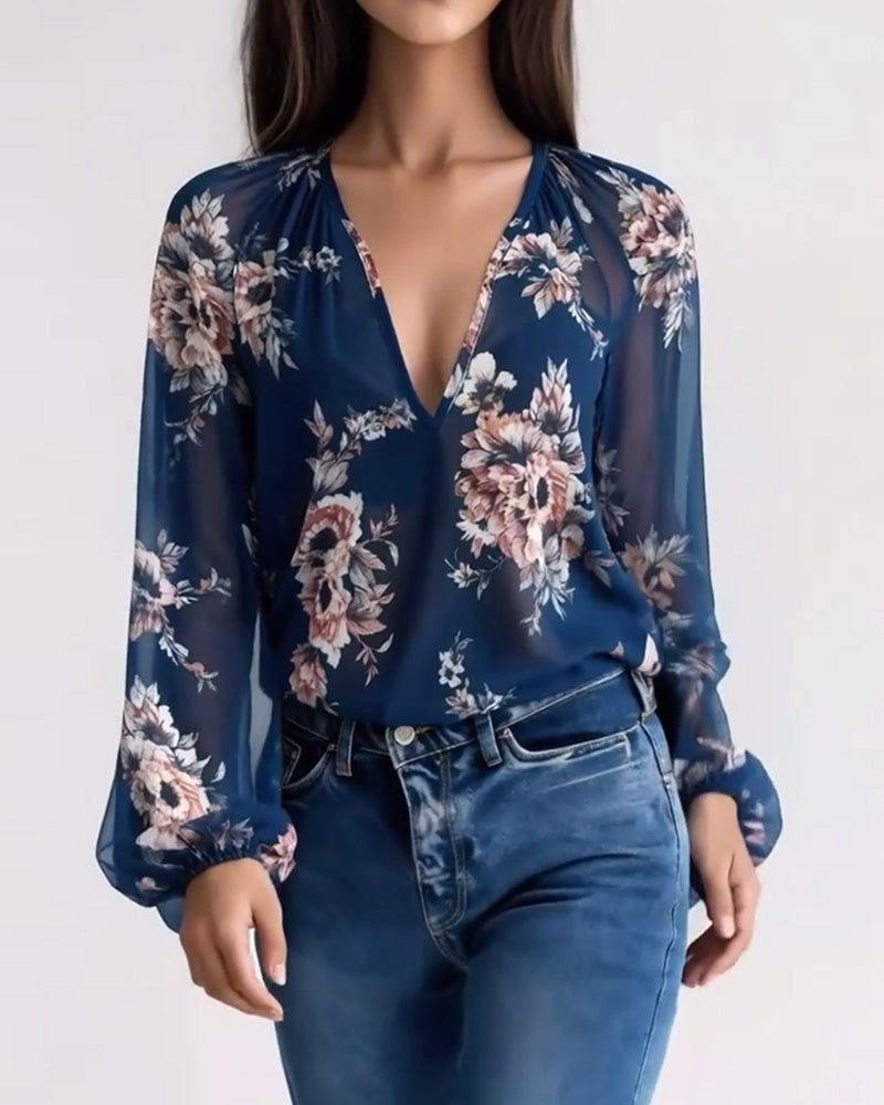 Fashionable Printed V-Neck Long-Sleeved Blouse