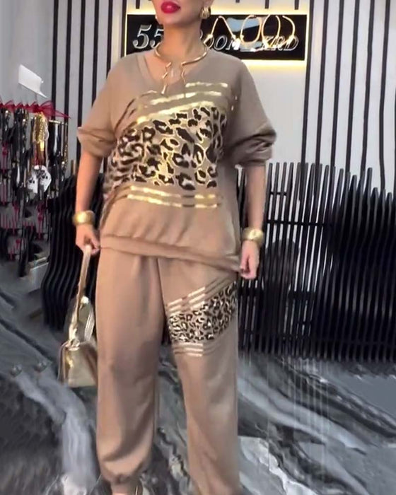 Leopard Print Casual Sweatshirt Set