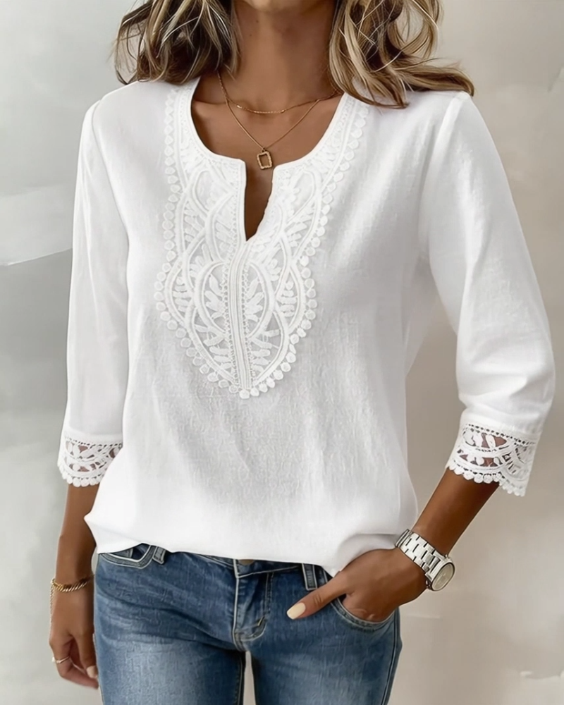 Solid-Color V-Neck Paneled Blouse