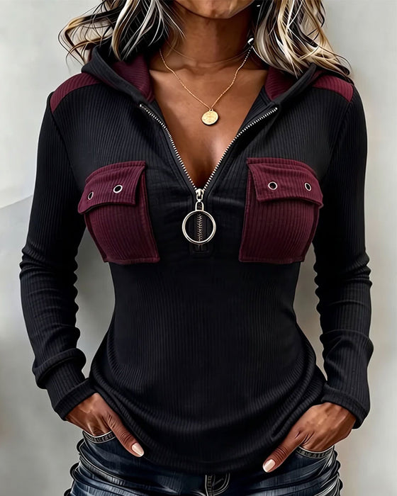 Color Block Half Zip Hooded Fashion Top