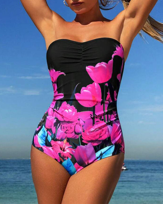 Bandeau Floral Print One-Piece Swimsuit