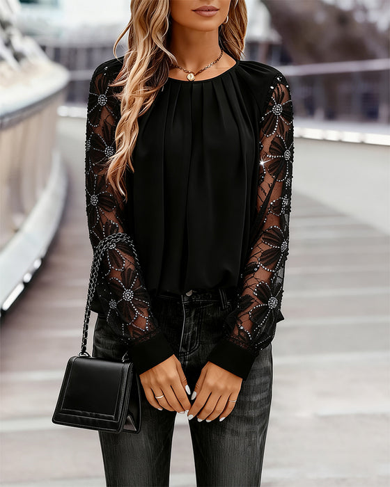 Fine Glitter Long-Sleeve Pleated Crew Neck Top