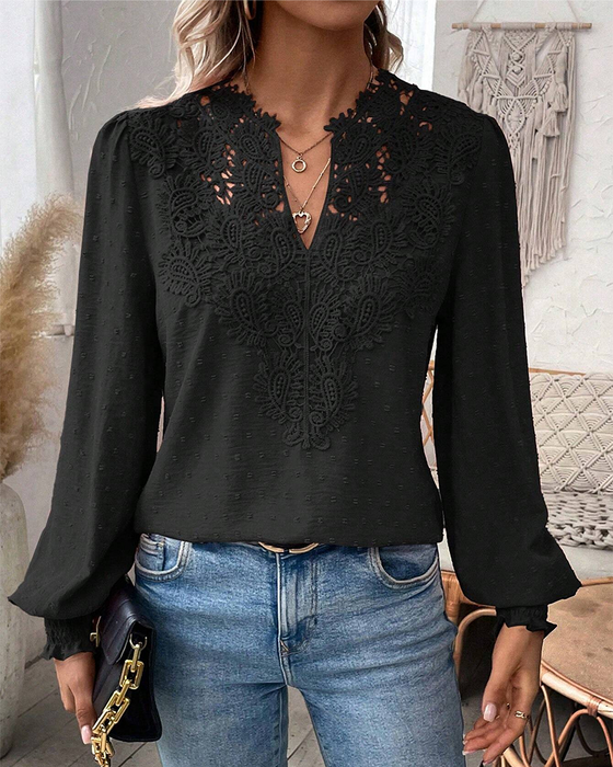 V-Neck Lace Jacquard Blouse