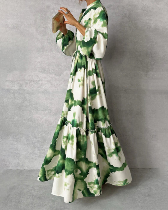 Elegant tie-dye patchwork drawstring balloon sleeve dress