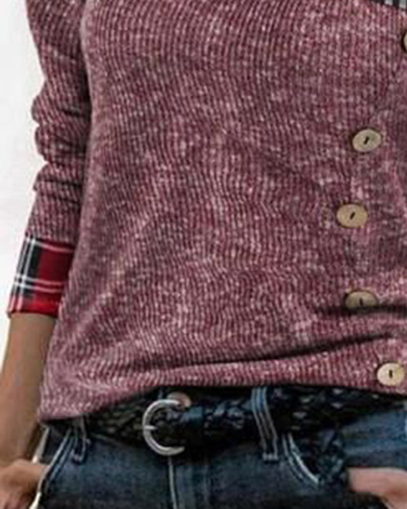 Off-Shoulder Draped Neck Long Sleeve Plaid Contrast Top
