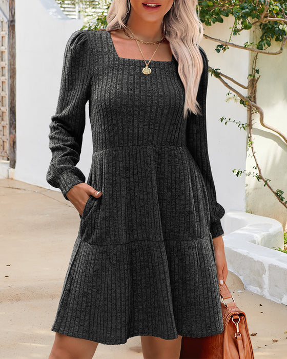 🍂2025 Autumn New Style⏰Women's Square Neck Lantern Sleeve Ribbed Dress
