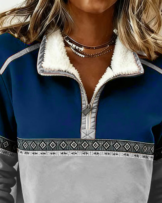 Retro Color-Blocked Fur Collar Sweatshirt