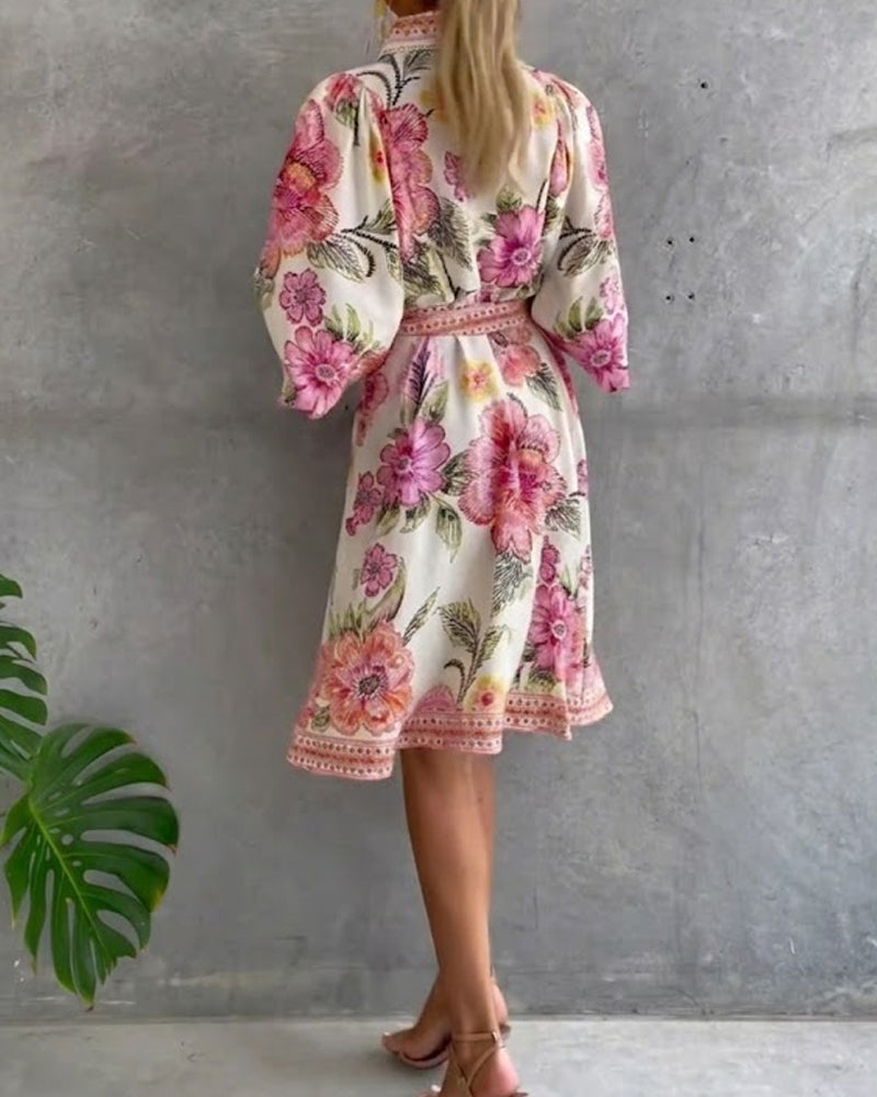French Lantern Sleeve Notched Collar Printed Dress