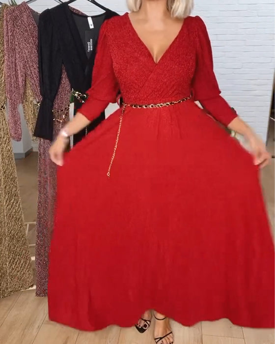 Stylish Solid Color V-Neck Dress