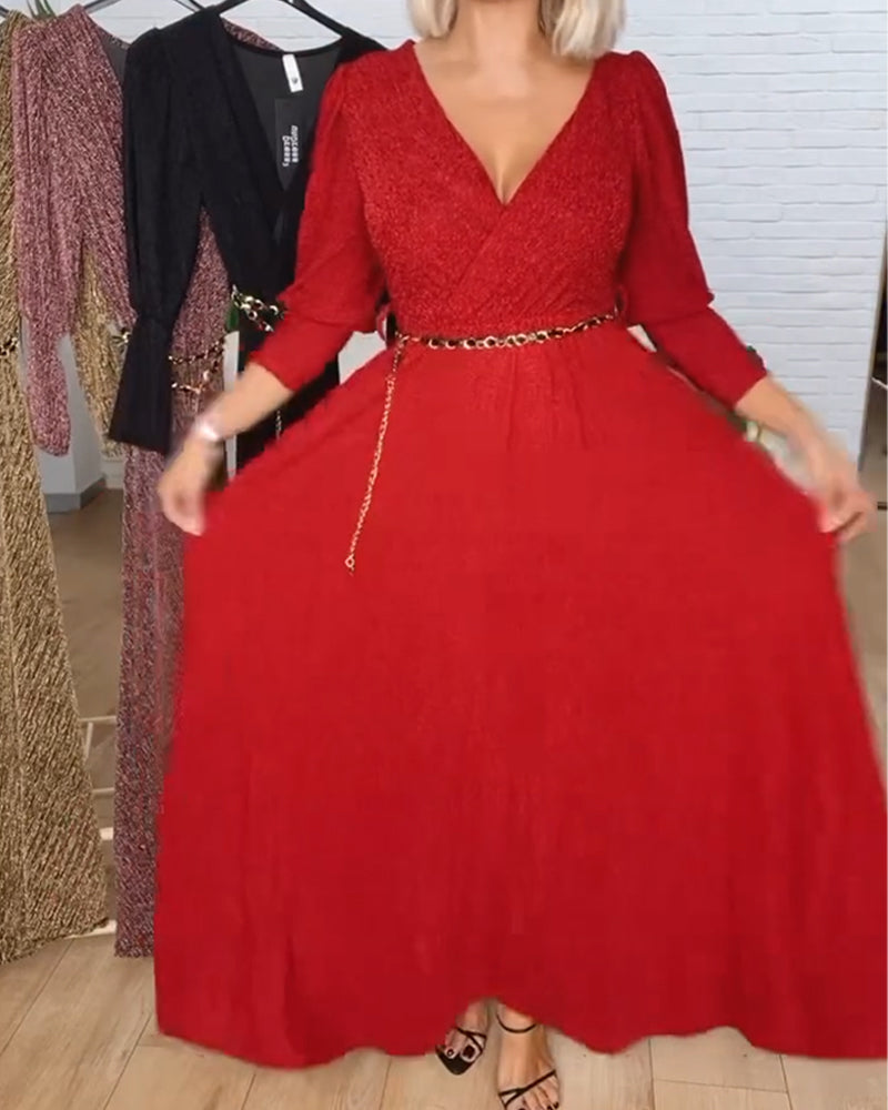 Stylish Solid Color V-Neck Dress