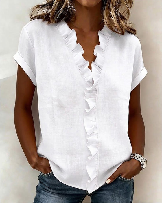 Pure Cotton Short-Sleeved Blouse With Ruffled Collar