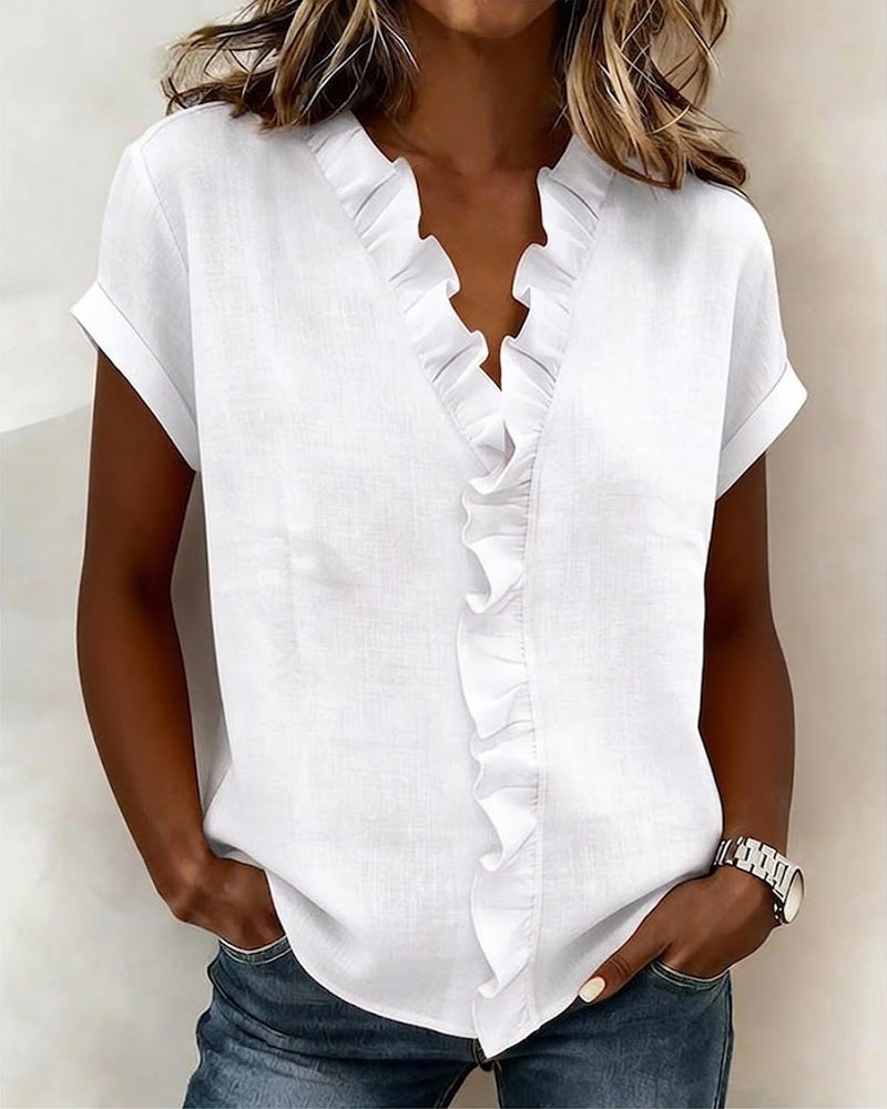 Pure Cotton Short-Sleeved Blouse With Ruffled Collar
