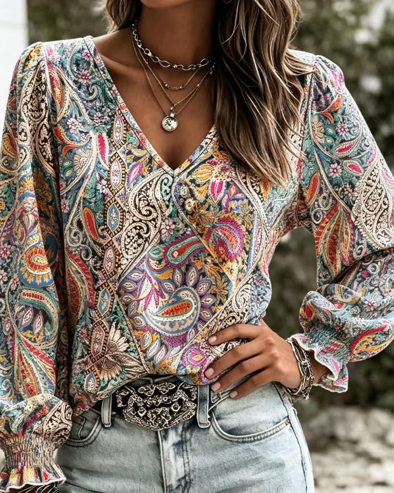 V-Neck Bohemian Bubble Sleeve Blouse