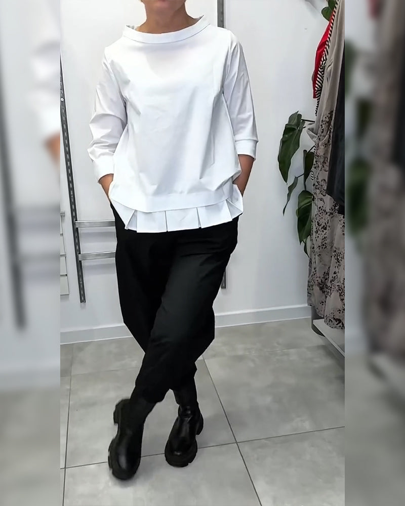 100% Cotton Wide-Collar Solid Color Casual Blouse