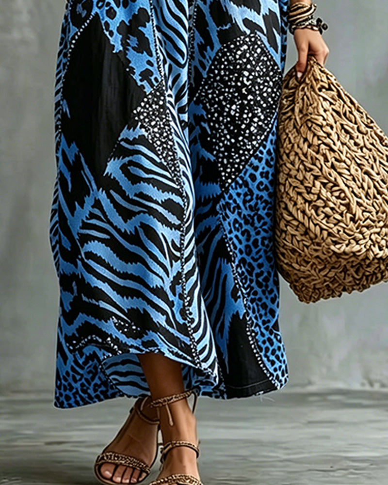 V-Neck Leopard Print Bat Sleeve Dress