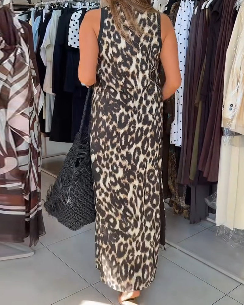 Crewneck Leopard Print Sleeveless Maxi Dress