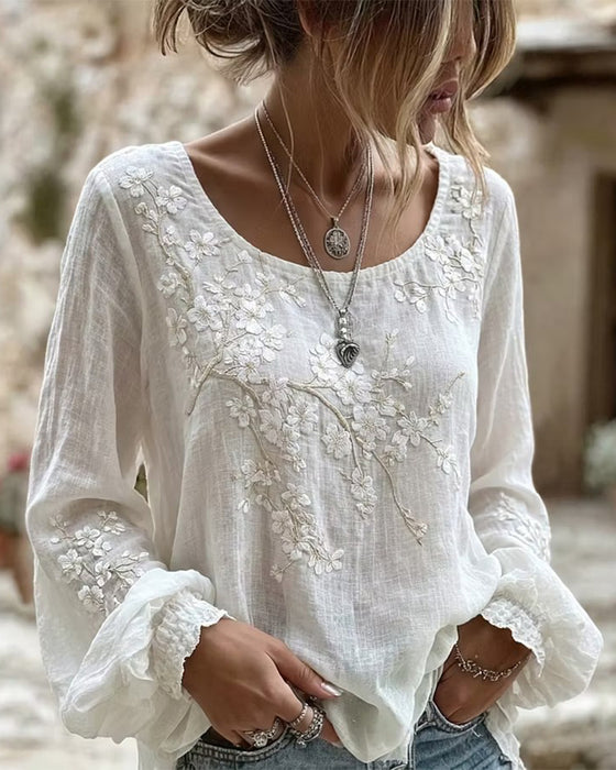 Textured Cherry Blossom Embroidered Crew Neck Blouse