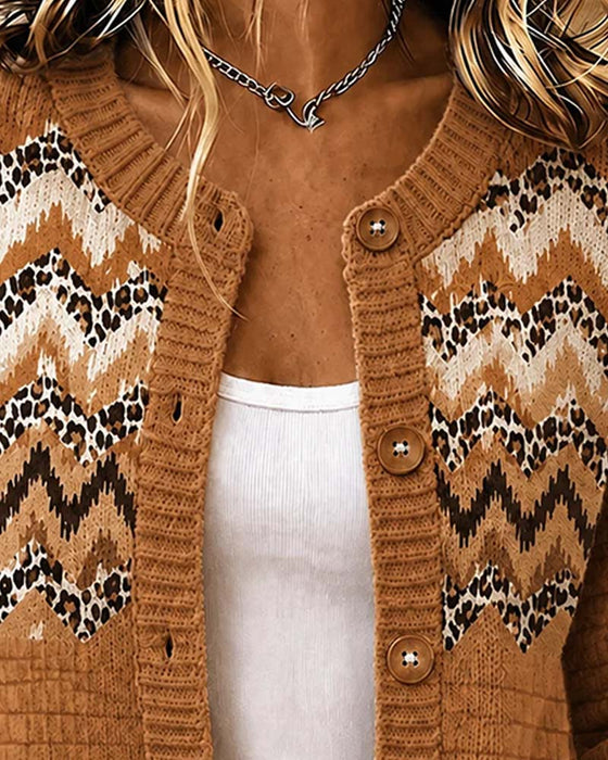 Buttoned Leopard Wavy Stripe Cardigan