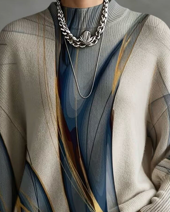 High Collar Line Lantern Sleeve Loose Pullover