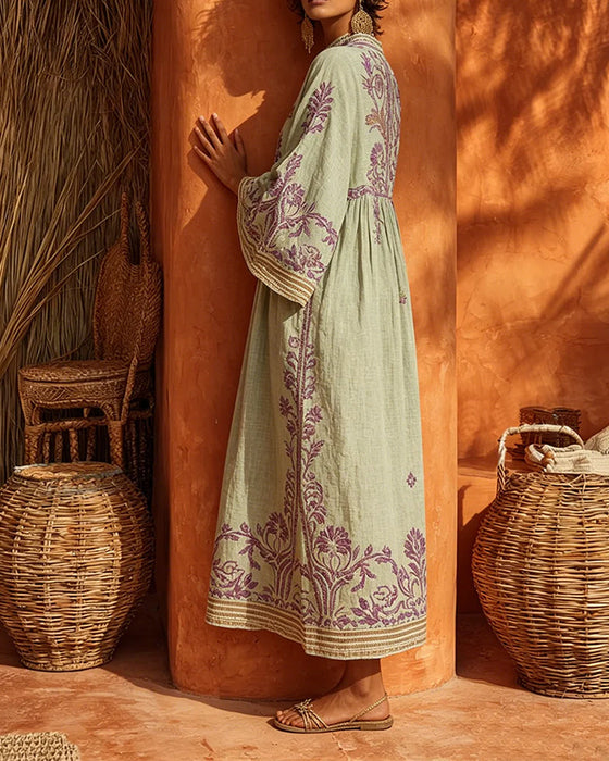 V-Neck Ethnic Print Loose Fit Dress
