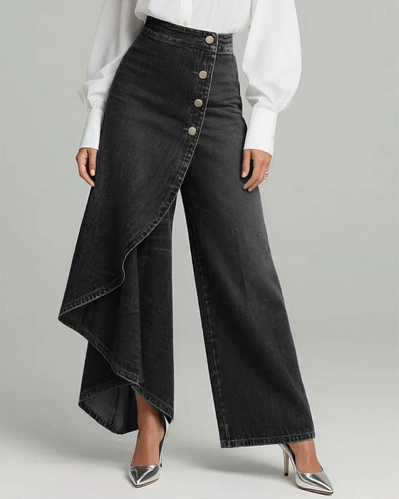 Asymmetrical Wrap Denim Wide-Leg Pants