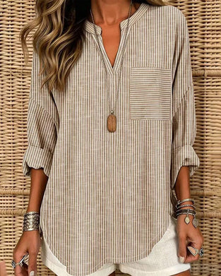 V-Neck Stripe Irregular Long Sleeve Top