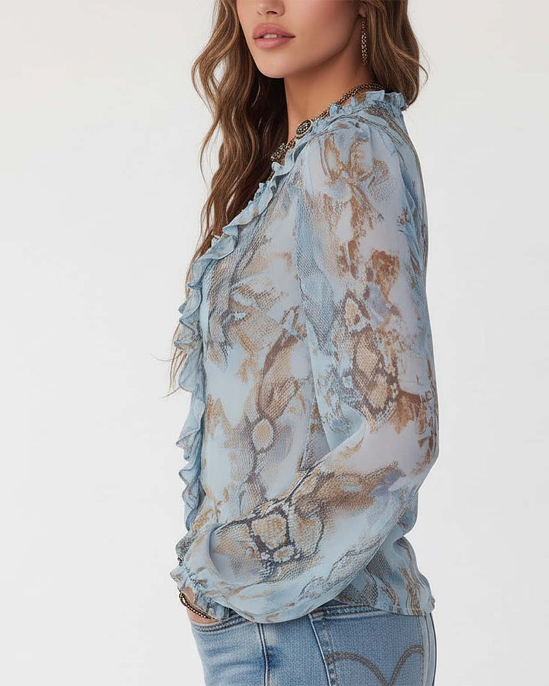 Ruffled Zipper Long-Sleeved Printed Blouse