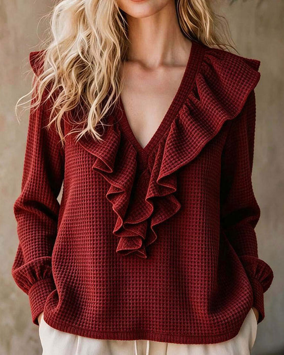 Waffle Knit V-Neck Ruffle Blouse
