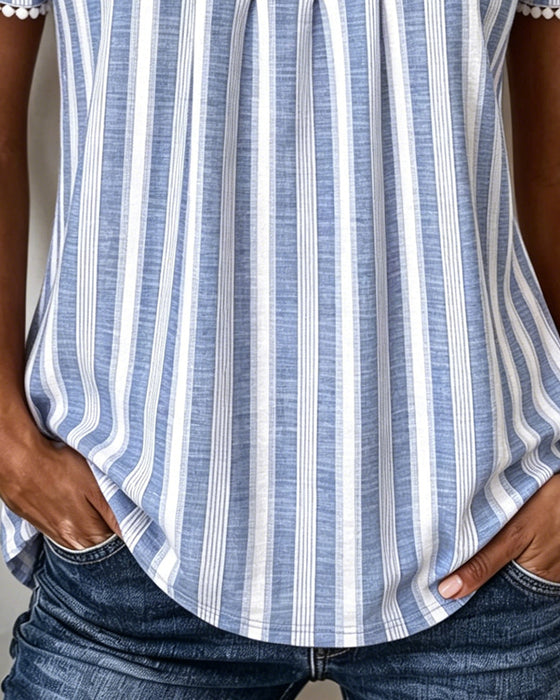 Striped Square-Neck Short-Sleeve Blouse