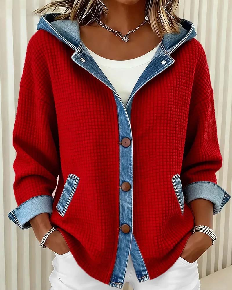 Hooded Button Denim Patchwork Coat