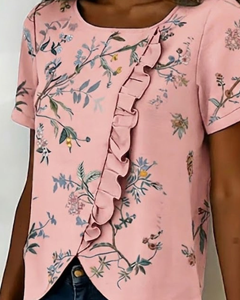 Crewneck Short Sleeve Ruffle Floral Blouse