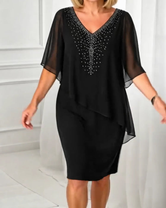Casual V-Neck Rhinestone Dress