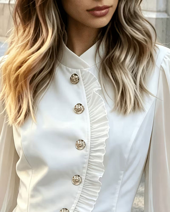 Mini Mandarin Collar Sheer Ruffle Blouse
