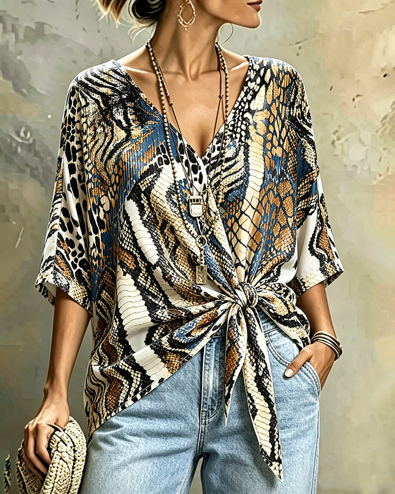 Animal Print Patchwork V-Neck Bandage Top