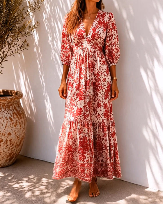 Blue Porcelain Print Waist-Cinched Dresses