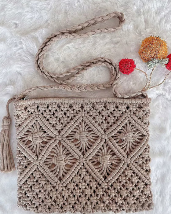 🏆Flash Sale⚡Minimalist Tassel Women's Clutch – Retro Cotton Rope Woven Bag, Summer Vacation Boho Beach Purse