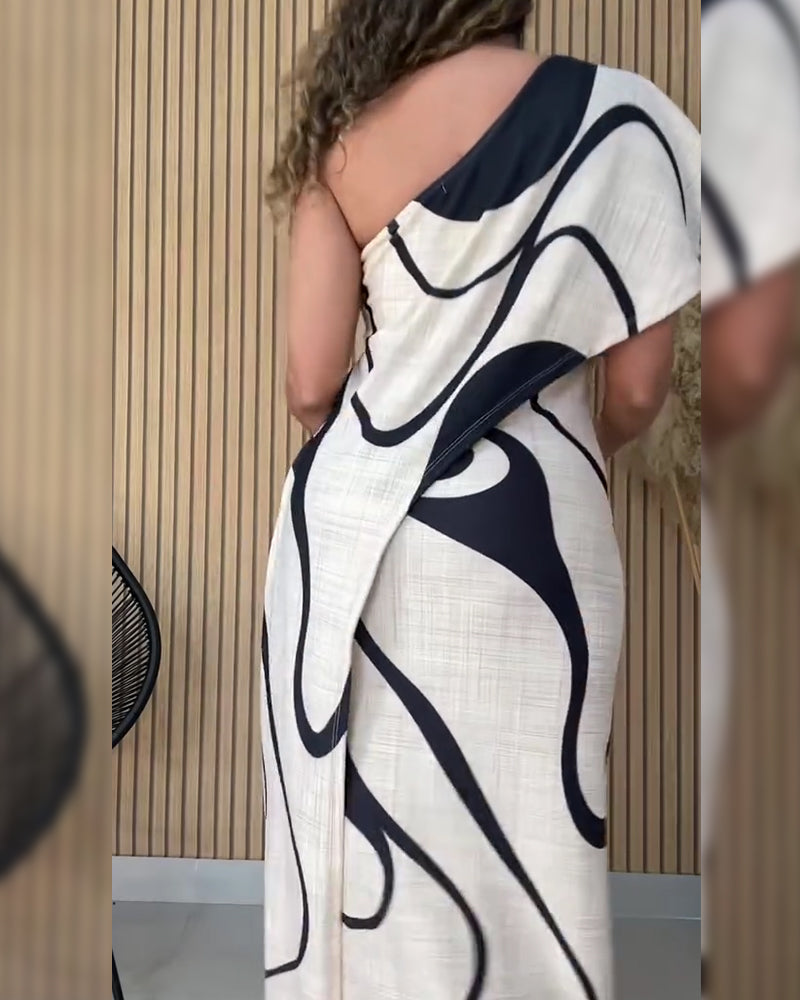 Ruffled Off-Shoulder Geometric Print Fashion Dress