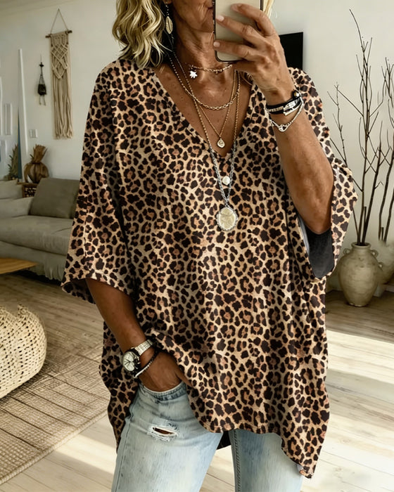 V-Neck Leopard Casual Blouse