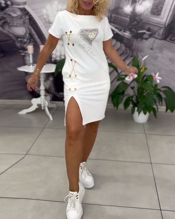 Printed Fitted Slit Dress