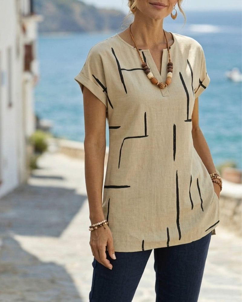 Geometric Line V-Neck Short-Sleeve Top