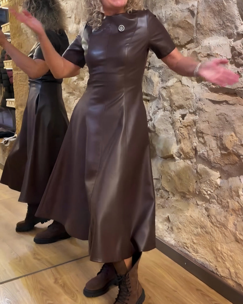 Pu Leather Waisted Short-Sleeved Dress