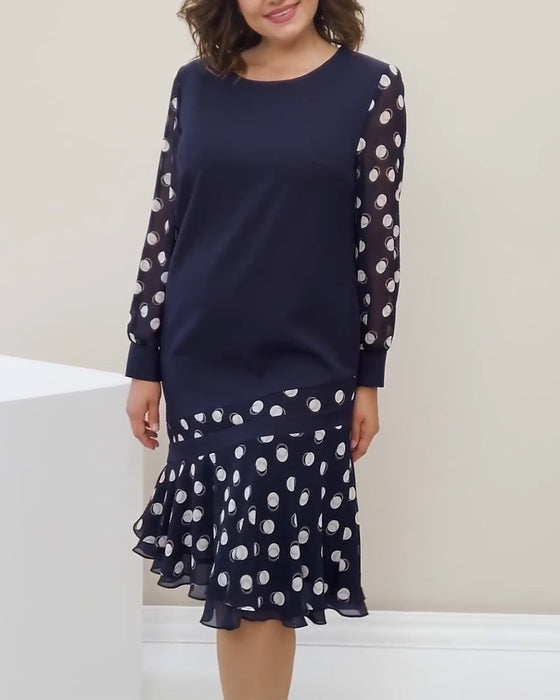 Round Neck Long Sleeve Polka Dot Dress