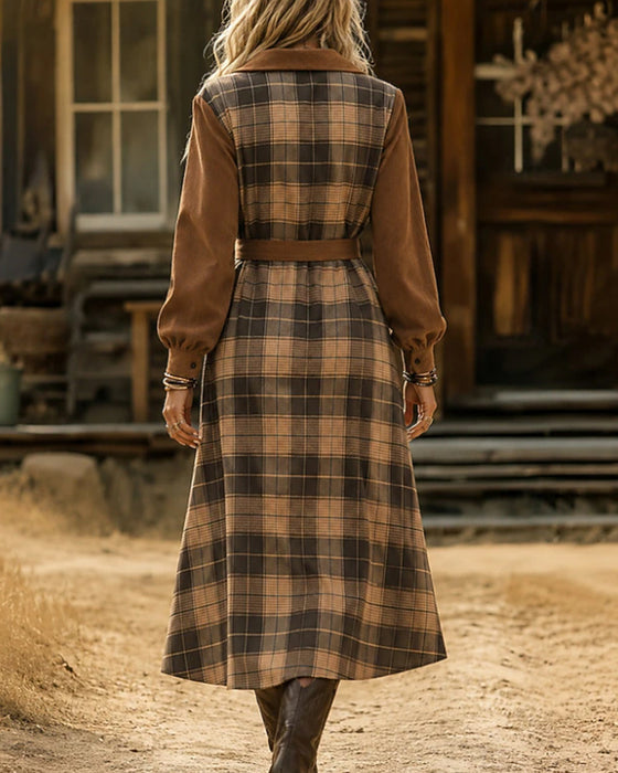 Patchwork Plaid Belted Shirt Dress