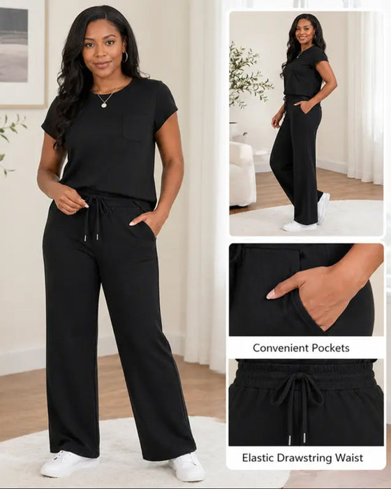 Solid Color Short Sleeve and Long Pants Set