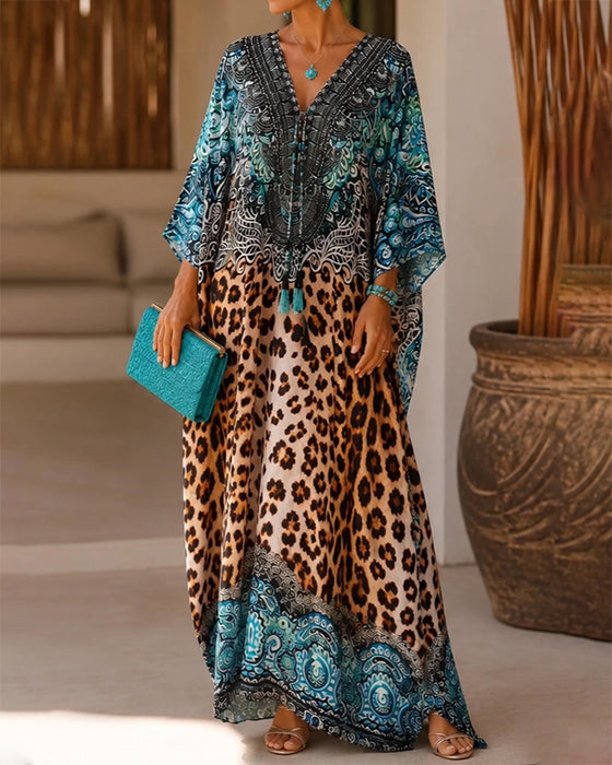 V-Neck Leopard Print Flared Contrast Color Dress