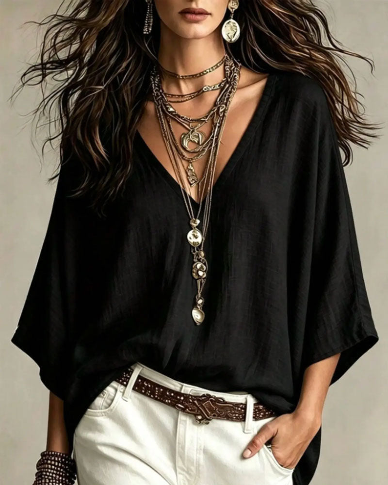 V-Neck Three-Quarter Sleeve Loose Blouse