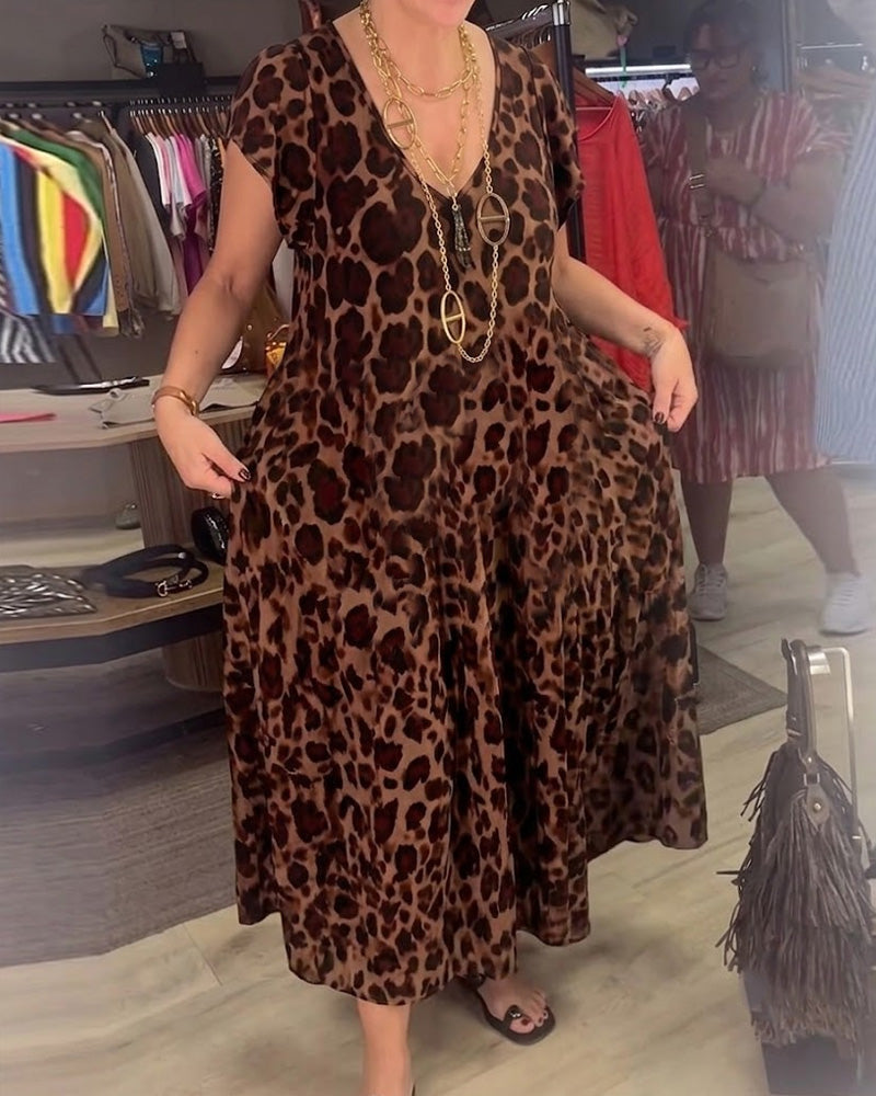 V-Neck Leopard Short Sleeve Dress